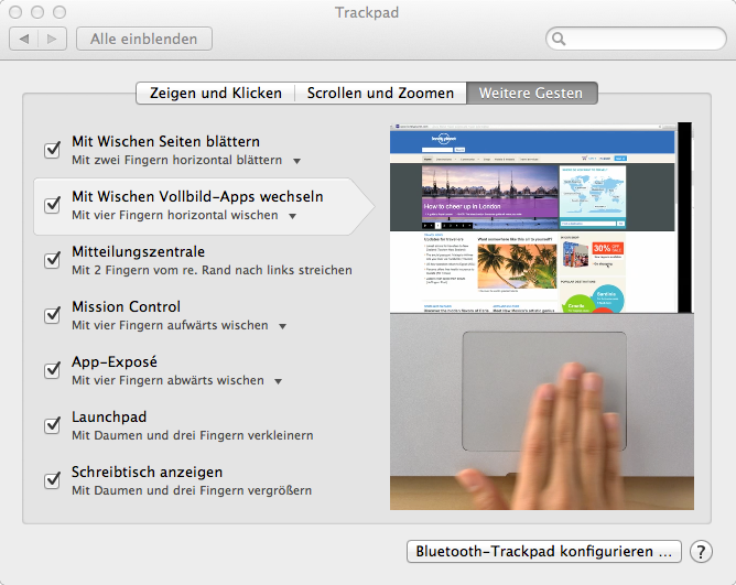 Standardmäßig kann man unter OS X mit drei Fingern zwischen Vollbild-Apps hin- und her- "wischen" (Bild: Apple)